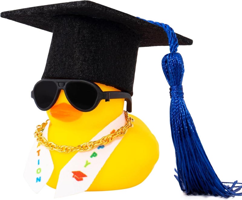 wonuu Graduation Stole Rubber Ducks, Dashboard Decorations Duck for Car Ornament Accessories with Hat Sunglasses Sash Chain (Dark Blue) - Image 1